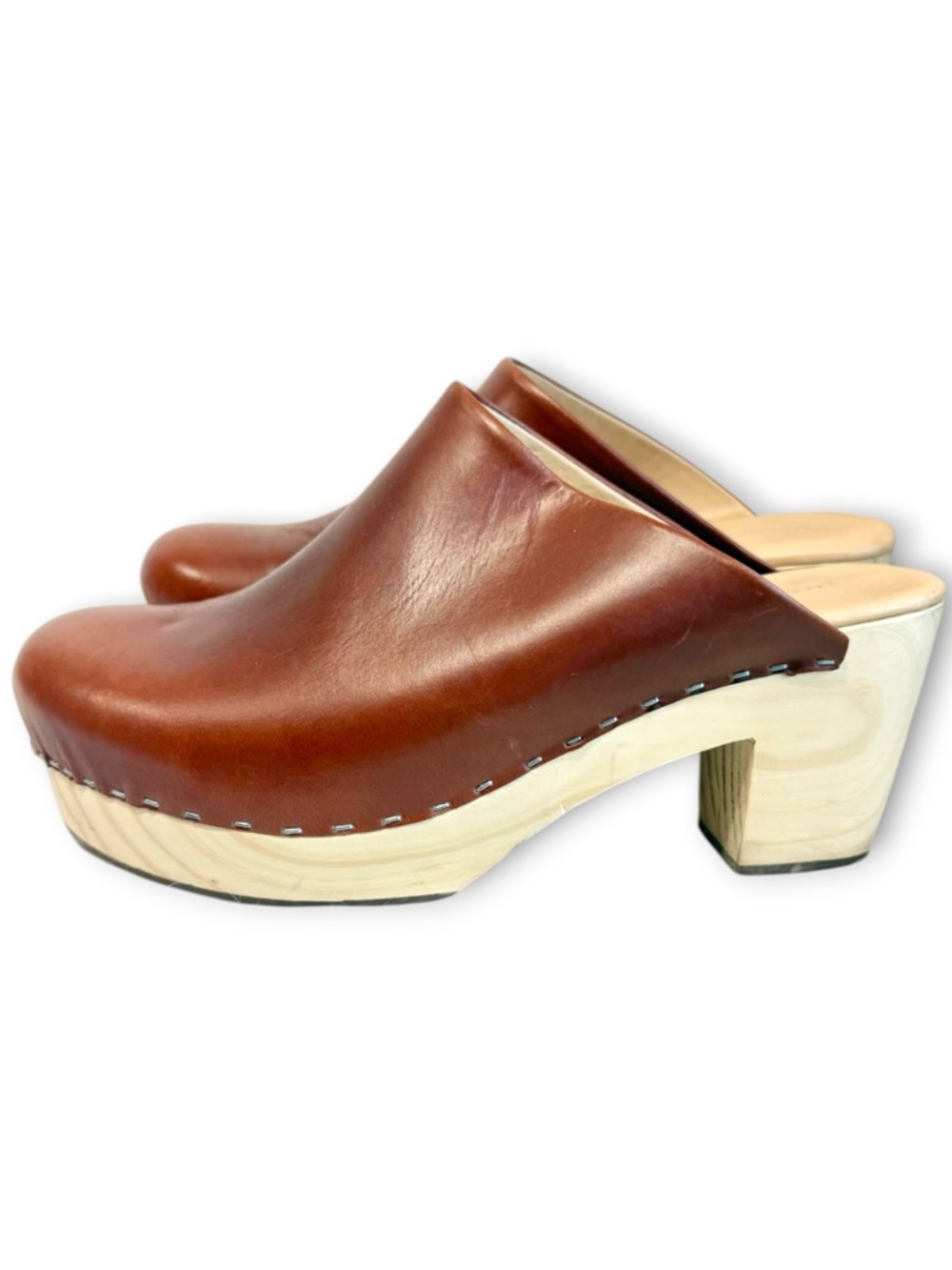 Nisolo All-Day Heeled Leather Mules in Brandy Sz 10
